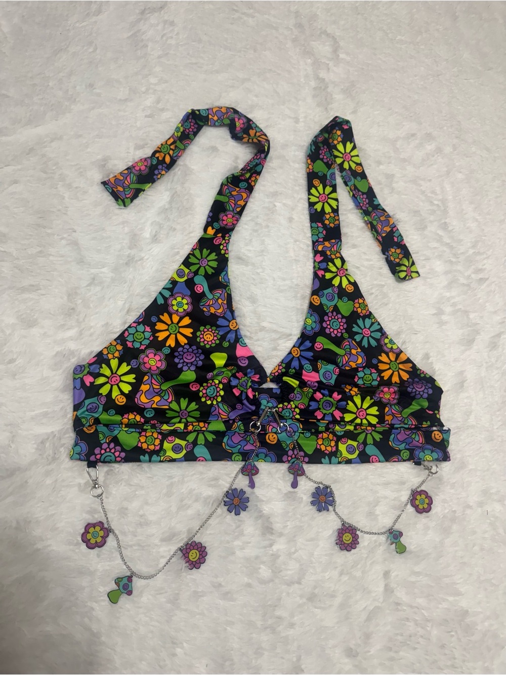 New 3x neon daisy halter top festival rave boho trippy hippie 60s 70s blouse re